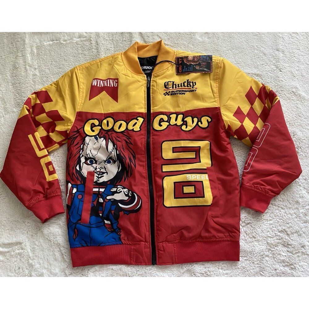 Reason X Chucky Good Guys Varsity Bomber Racing Red Jacket Men’s Sz L NEW